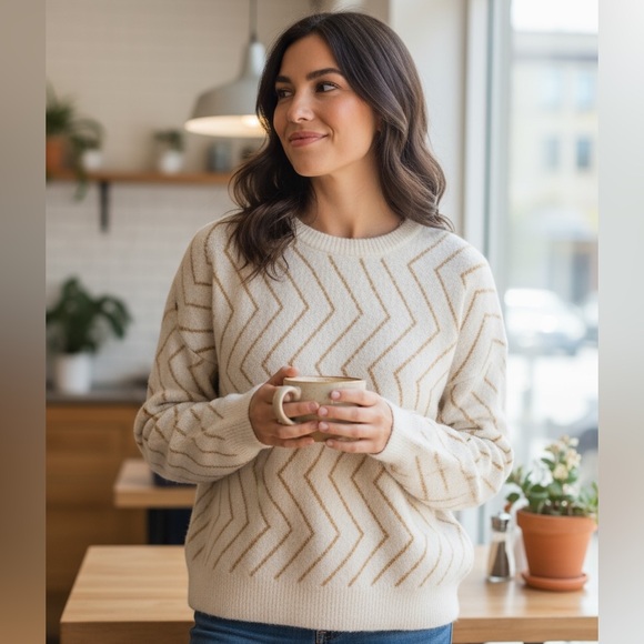 FRNCH Sweaters - FRNCH Paris Cream and Tan Chevron Sweater